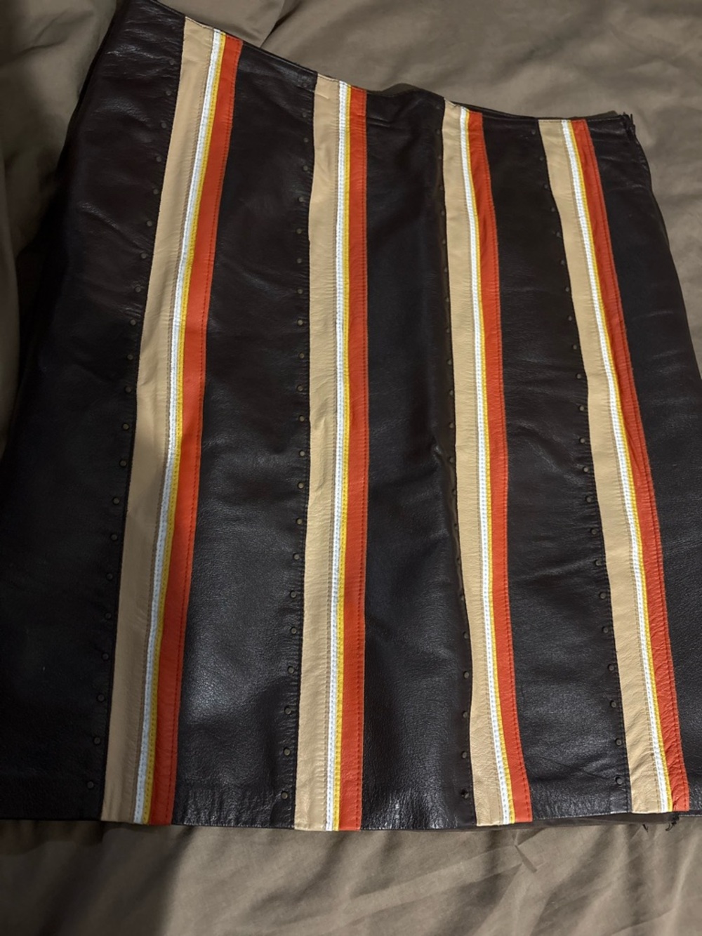 VINTAGE DANIER LEAGHER Striped Leather Mini Skirt in BROWN, Cream & Rust